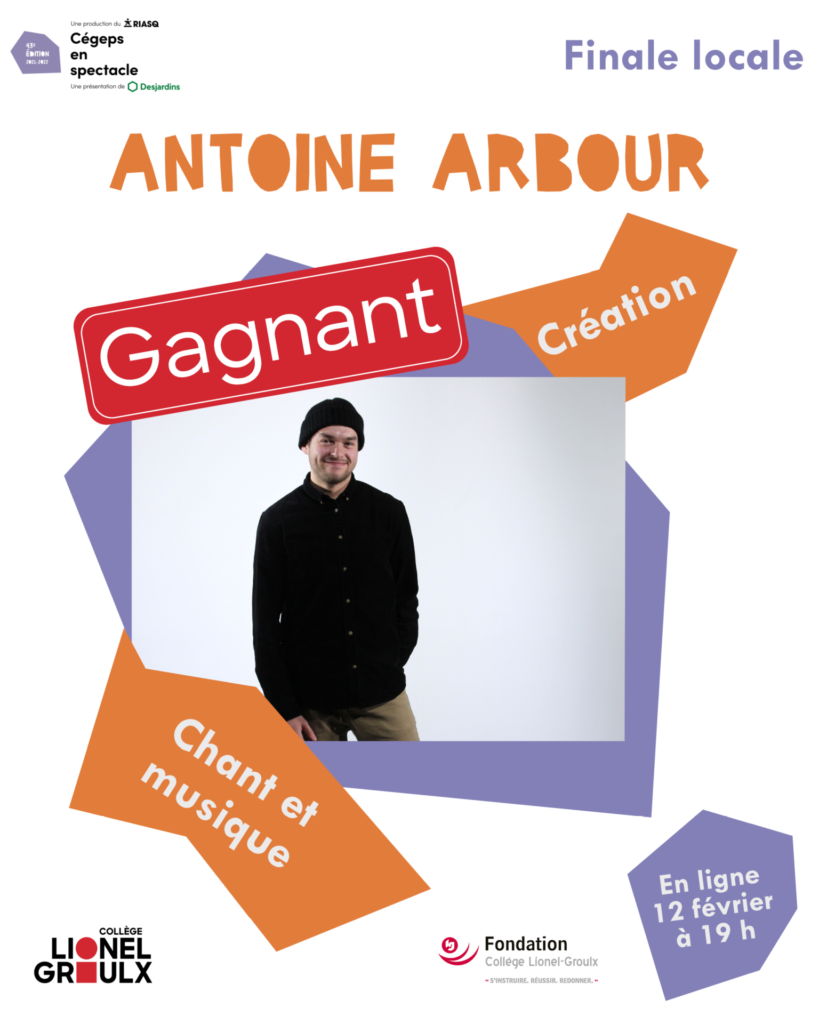 Antoine Arbour, gagnant de la Finale locale de Cégeps en spectacle 2022