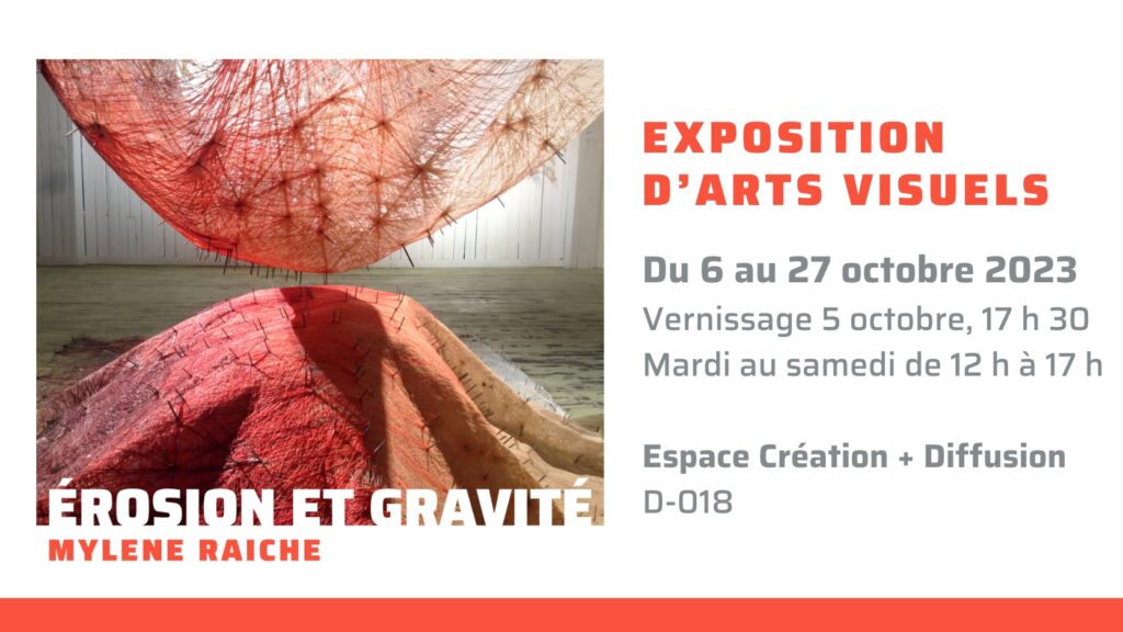 Vernissage 5 octobre, 17 h 30
Exposition d'arts visuels du 6 au 27 octobre 2023
Mardi au samedi de 12 h à 17 h
Espace Création + Diffusion du Collège Lionel-Groulx (local D-018)